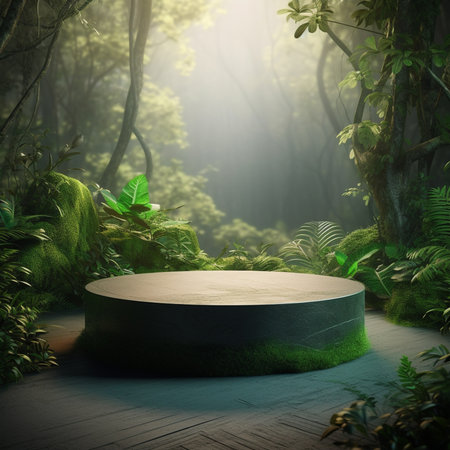 3d render of empty round stage in green tropical forest for product displayの素材