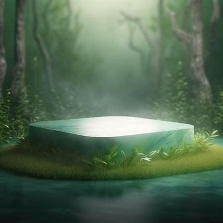 3d render of empty podium in green fantasy forest for product displayの素材