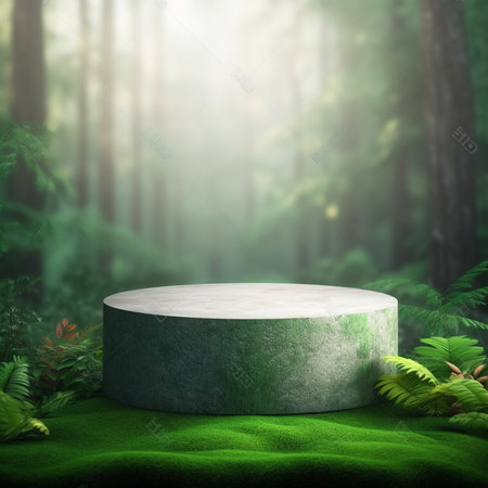3d render of stone podium on green grass in the forest.の素材