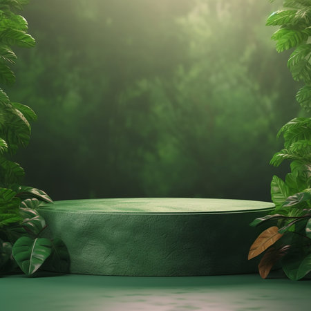 3d render of green podium for product display with tropical leaves backgroundの素材