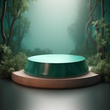 3d rendering of green round podium in fantasy forest. Abstract background.の素材