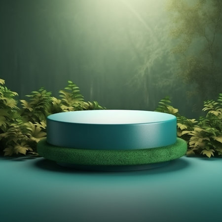 3d rendering of green podium for product display in the forest.の素材