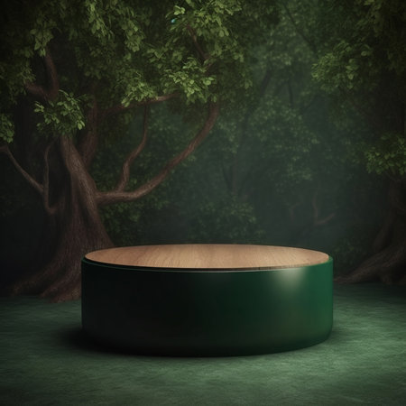 Green round podium on green grass in the forest. 3d renderの素材