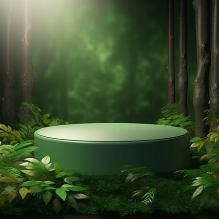 Green round podium in the green forest. 3d render illustration.の素材