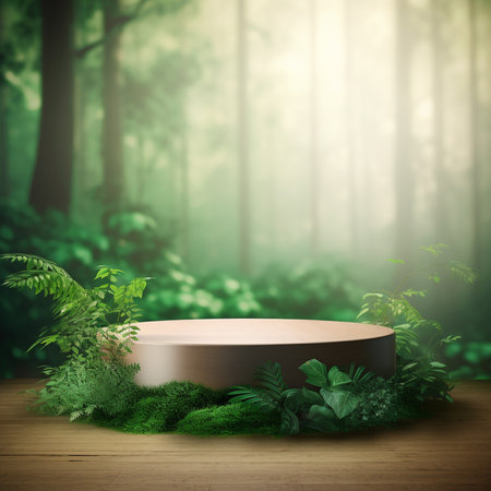 Wooden podium with green leaves on wooden table in the forest. 3d renderの素材