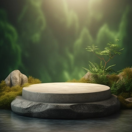 3d render of natural stone pedestal for display product with green moss backgroundの素材