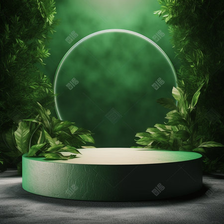 3d render of green round podium with geometric shapes and plants.の素材