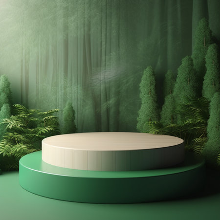 3d render of green podium on green background with forest and curtainsの素材