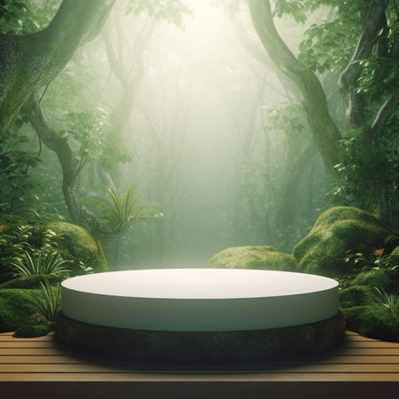 3d render, abstract fantasy forest background, round podium for product displayの素材