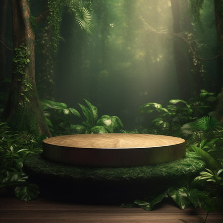 3D render of a wooden podium in a dark tropical forest.の素材