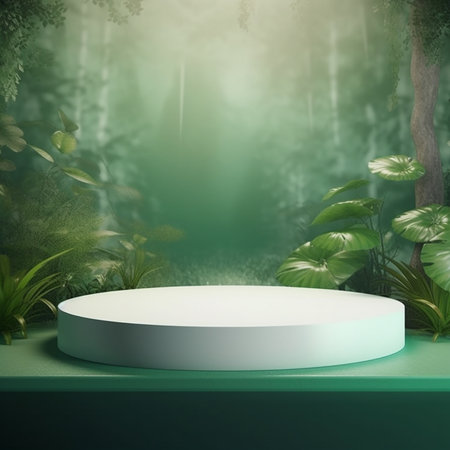 3d render of white podium in the forest. Platform for product presentation.の素材