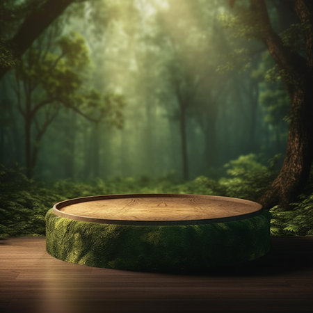 Empty wooden platform in the green forest. 3d rendering mock upの素材