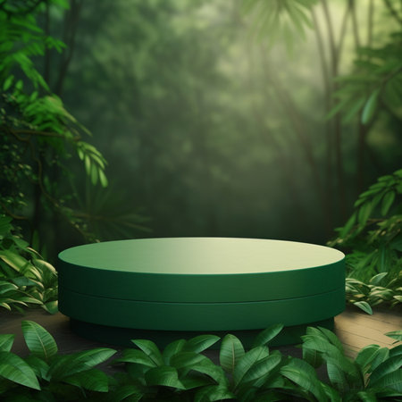 Green podium in the tropical forest. 3d rendering, mock upの素材
