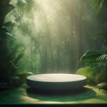 Product display podium or stand in tropical forest. 3d render.の素材