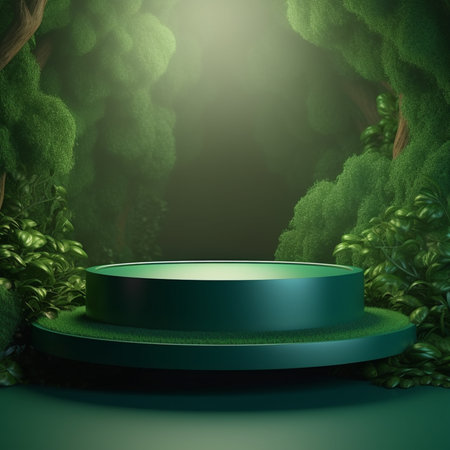 Green podium in the green forest. 3d render. Background for product presentation.の素材
