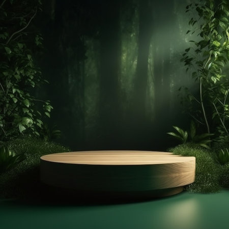 Wooden podium in the dark forest. 3d rendering mock upの素材
