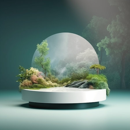 3D render of a round podium for product presentation with a forest in the backgroundの素材