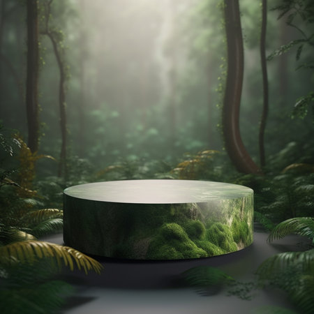 Black marble podium in the forest, 3d rendering. Computer digital drawing.の素材