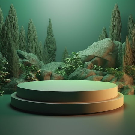 3d render of podium for product display with pine trees and rocksの素材