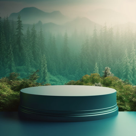 3d render of minimal display podium with green forest and fog backgroundの素材