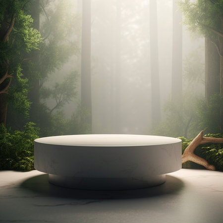 3d render of a white podium in a fantasy forest with fogの素材