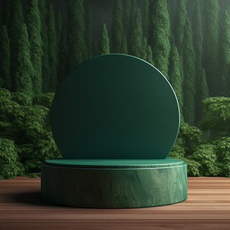 3d render of green podium for product display with forest background.の素材