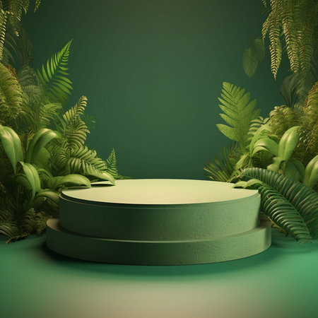 Green podium with tropical leaves, 3d render. Minimal sceneの素材