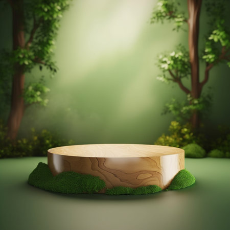 Wooden podium in the forest. 3d render. Natural background.の素材