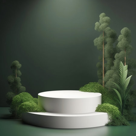 3d render, abstract background, podium for product presentation, green leaves, round pedestal, stand for cosmetic productsの素材