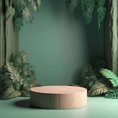 Minimalist green background with wooden podium and tropical leaves. 3d renderの素材