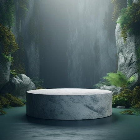 Minimalist abstract background with stone podium and waterfall. 3d renderの素材