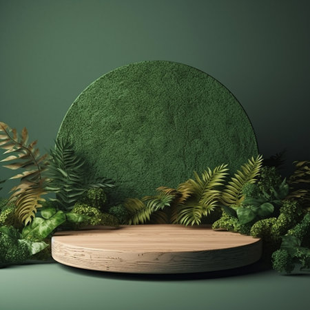 Minimal scene with round podium and tropical leaves. 3d renderの素材