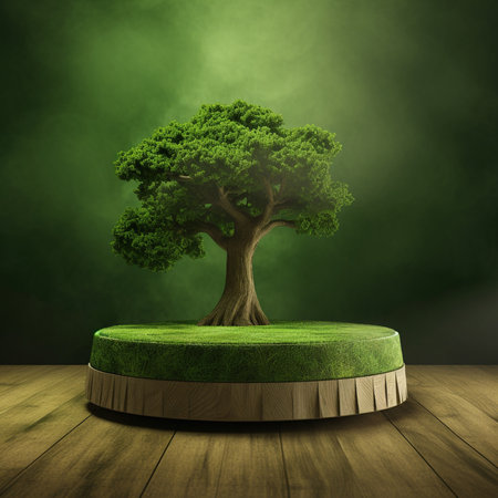 green tree on wooden floor and foggy background, 3d renderの素材