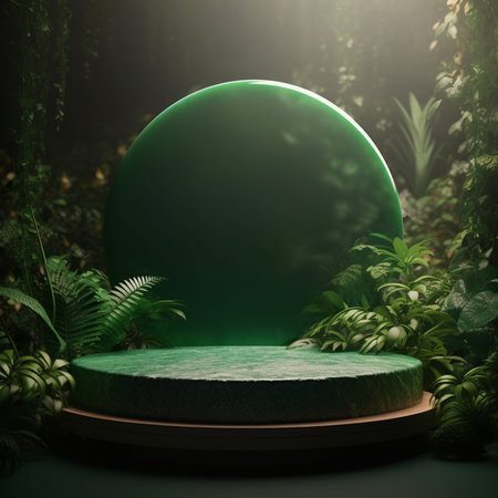 Green round podium on dark background. 3d render. Mock upの素材