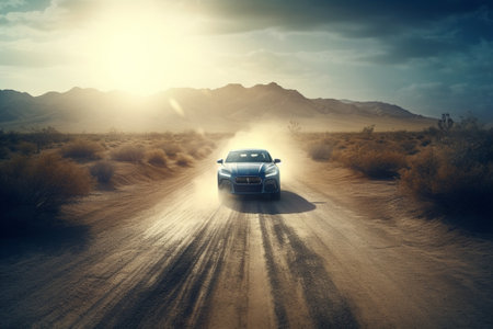 Car on the road in the desert. 3d rendering and illustration.の素材