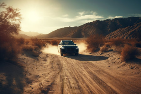 Car on the road in the desert at sunset. Travel concept.の素材