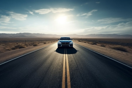 Car on the road in the middle of the desert. 3d renderingの素材