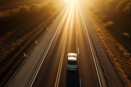 Car on the highway in the rays of the setting sun. Top view.の素材