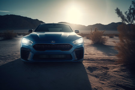Blue sport car in the desert at sunset. 3d rendering.の素材