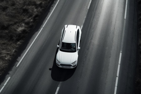 High angle view of a white car driving on a highway in winterの素材