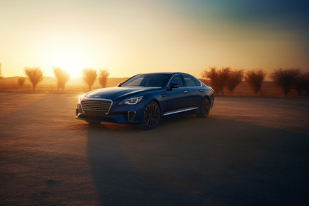 3D rendering of a blue car in the desert at sunset.の素材