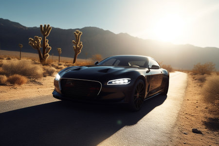 Black sports car on the road in the desert. 3d renderingの素材
