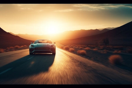 car on the road in the desert at sunset. 3d renderingの素材