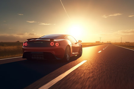 Sport car on the road at sunset. 3d render image.の素材