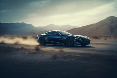 3d rendering of a blue sports car driving in the desert.の素材
