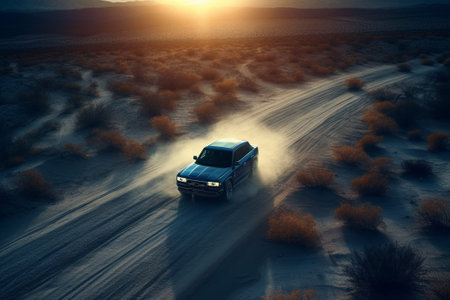 3d rendering of off road car in the desert at sunset.の素材