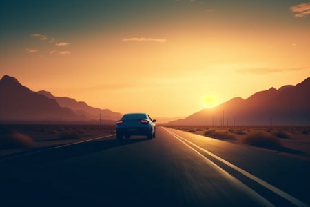 Car on the road in the desert at sunset. 3d renderingの素材