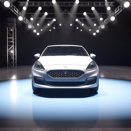 3D rendering of a brand-less generic concept car in showroomの素材