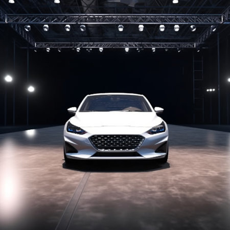 3D rendering of a brand-less generic concept car in exhibition hallの素材