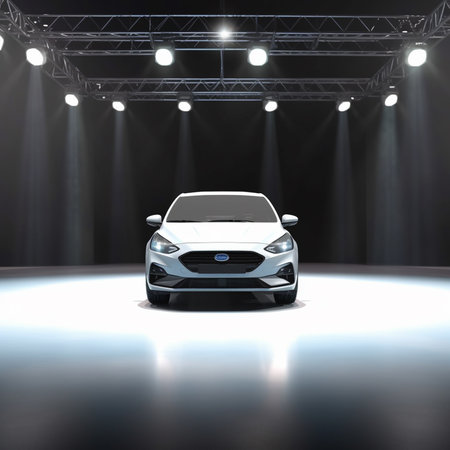 3D rendering of a brand-less generic concept car on stageの素材
